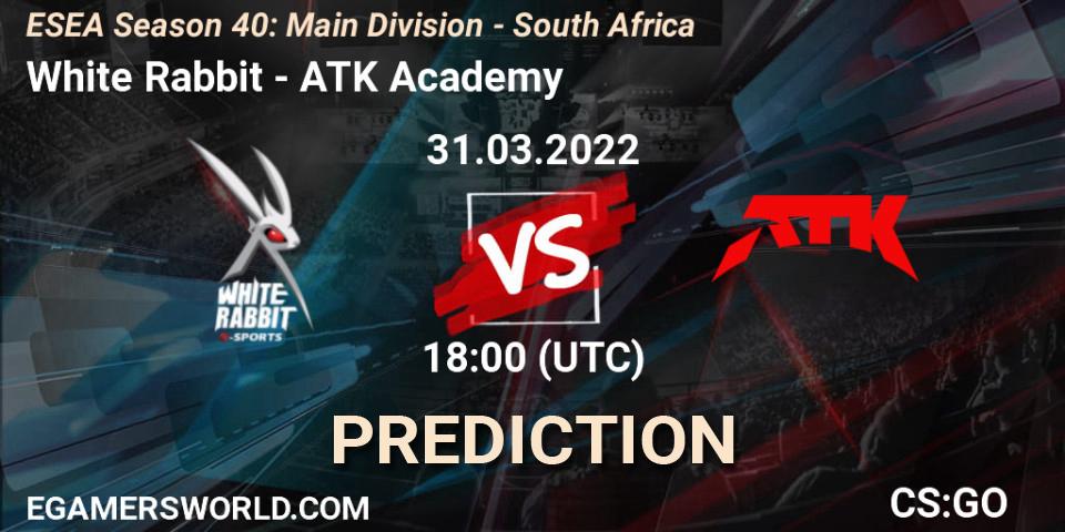 Pronósticos White Rabbit - ATK Academy. 31.03.2022 at 18:00. ESEA Season 40: Main Division - South Africa - Counter-Strike (CS2)
