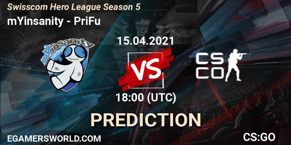 Pronósticos mYinsanity - PriFu. 15.04.2021 at 18:00. Swisscom Hero League Season 5 - Counter-Strike (CS2)