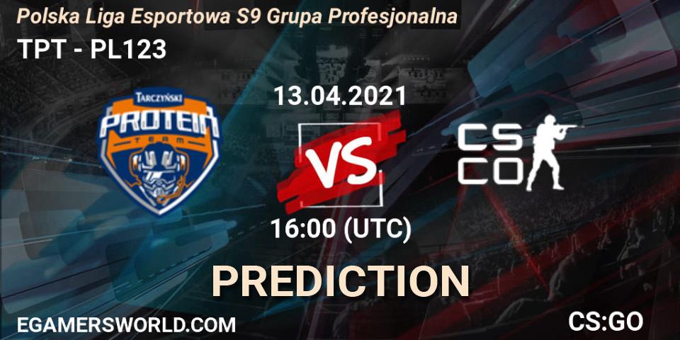 Pronósticos TPT - PL123. 13.04.2021 at 16:00. Polska Liga Esportowa S9 Grupa Profesjonalna - Counter-Strike (CS2)