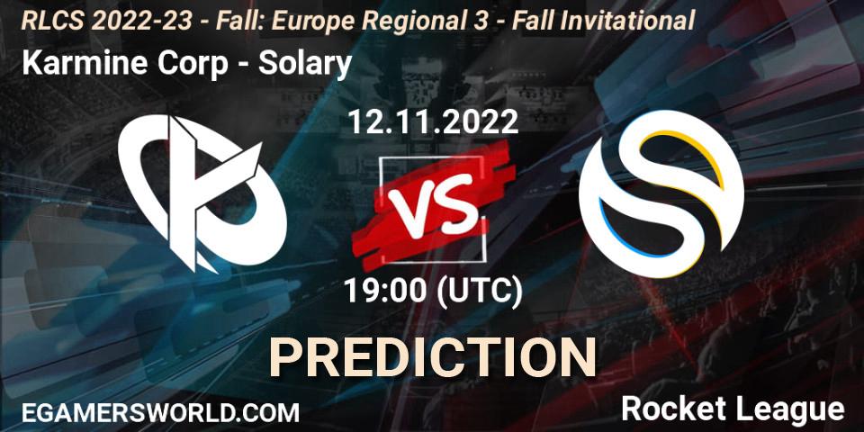 Pronósticos Karmine Corp - Solary. 12.11.2022 at 19:15. RLCS 2022-23 - Fall: Europe Regional 3 - Fall Invitational - Rocket League