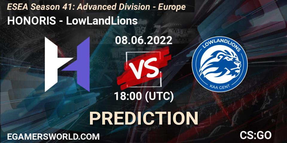 Pronósticos HONORIS - LowLandLions. 08.06.2022 at 18:00. ESEA Season 41: Advanced Division - Europe - Counter-Strike (CS2)