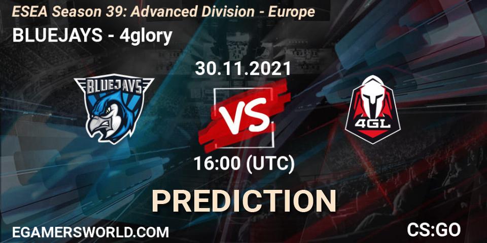 Pronósticos BLUEJAYS - 4glory. 30.11.2021 at 16:00. ESEA Season 39: Advanced Division - Europe - Counter-Strike (CS2)