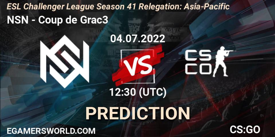 Pronósticos NSN - Coup de Grac3. 04.07.2022 at 12:30. ESL Challenger League Season 41 Relegation: Asia-Pacific - Counter-Strike (CS2)
