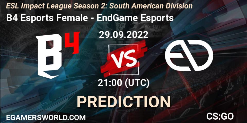 Pronósticos B4 Esports Female - EndGame Esports. 29.09.2022 at 21:00. ESL Impact League Season 2: South American Division - Counter-Strike (CS2)