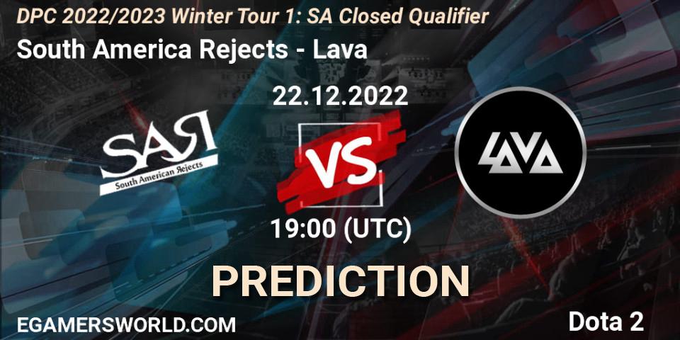 Pronósticos South America Rejects - Lava. 22.12.2022 at 19:01. DPC 2022/2023 Winter Tour 1: SA Closed Qualifier - Dota 2