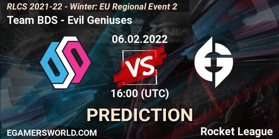 Pronósticos Team BDS - Evil Geniuses. 06.02.2022 at 16:00. RLCS 2021-22 - Winter: EU Regional Event 2 - Rocket League