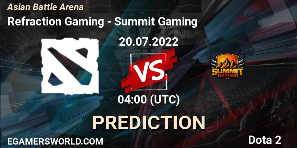 Pronósticos Refraction Gaming - Summit Gaming. 20.07.2022 at 04:00. Asian Battle Arena - Dota 2