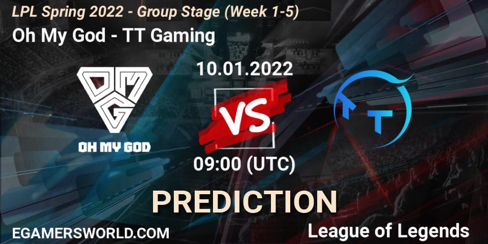 Pronósticos Oh My God - TT Gaming. 10.01.2022 at 09:00. LPL Spring 2022 - Group Stage (Week 1-5) - LoL