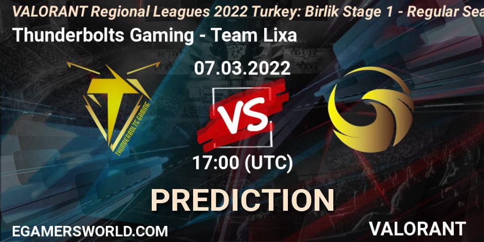 Pronósticos Thunderbolts Gaming - Team Lixa. 07.03.2022 at 16:40. VALORANT Regional Leagues 2022 Turkey: Birlik Stage 1 - Regular Season - VALORANT