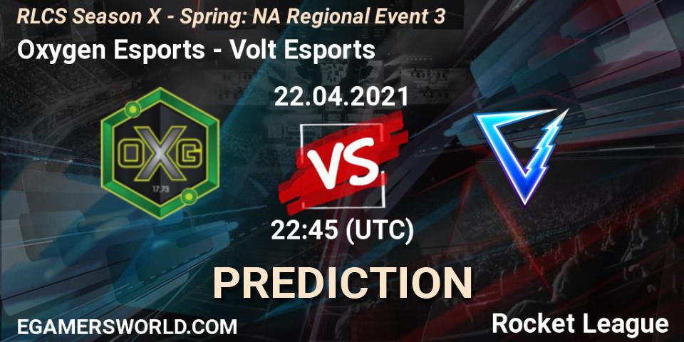 Pronósticos Oxygen Esports - Volt Esports. 22.04.2021 at 22:45. RLCS Season X - Spring: NA Regional Event 3 - Rocket League