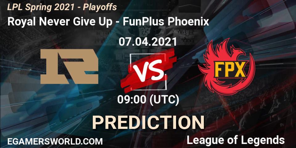 Pronósticos Royal Never Give Up - FunPlus Phoenix. 07.04.2021 at 09:00. LPL Spring 2021 - Playoffs - LoL