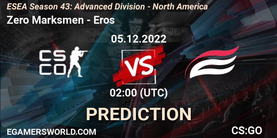 Pronósticos Zero Marksmen - Eros. 05.12.2022 at 02:00. ESEA Season 43: Advanced Division - North America - Counter-Strike (CS2)