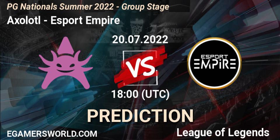 Pronósticos Axolotl - Esport Empire. 20.07.2022 at 18:00. PG Nationals Summer 2022 - Group Stage - LoL