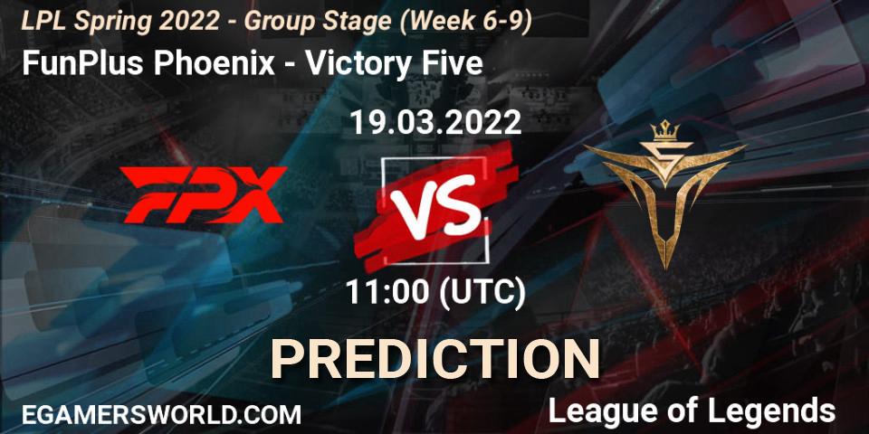 Pronósticos FunPlus Phoenix - Victory Five. 19.03.2022 at 11:00. LPL Spring 2022 - Group Stage (Week 6-9) - LoL