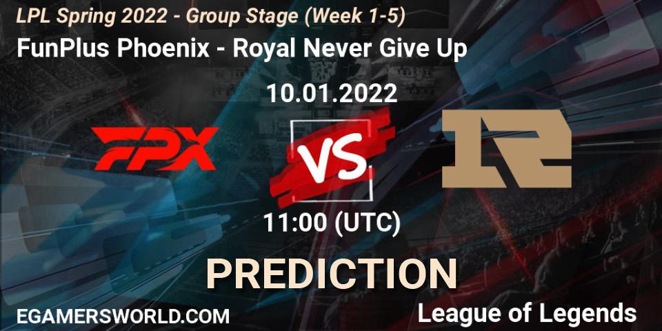 Pronósticos FunPlus Phoenix - Royal Never Give Up. 10.01.2022 at 11:00. LPL Spring 2022 - Group Stage (Week 1-5) - LoL