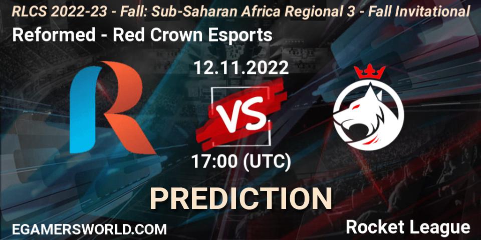 Pronósticos Reformed - Red Crown Esports. 12.11.2022 at 17:00. RLCS 2022-23 - Fall: Sub-Saharan Africa Regional 3 - Fall Invitational - Rocket League
