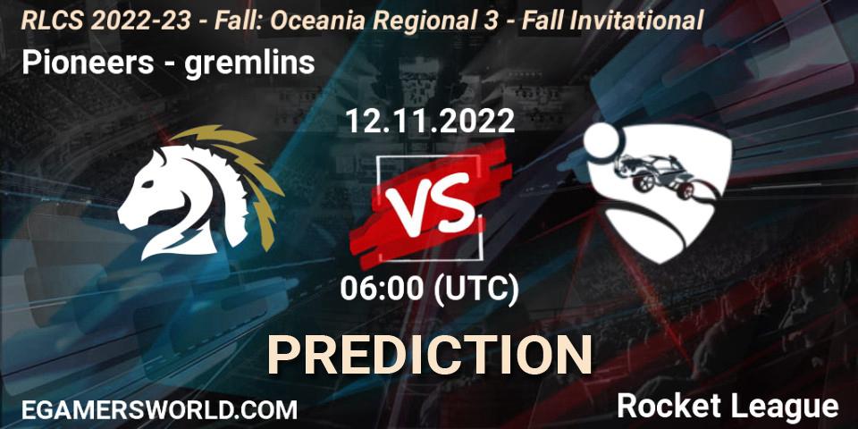 Pronósticos Pioneers - gremlins. 12.11.2022 at 06:00. RLCS 2022-23 - Fall: Oceania Regional 3 - Fall Invitational - Rocket League