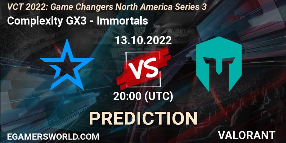 Pronósticos Complexity GX3 - Immortals. 13.10.2022 at 20:10. VCT 2022: Game Changers North America Series 3 - VALORANT
