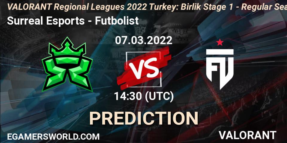 Pronósticos Surreal Esports - Futbolist. 07.03.2022 at 14:40. VALORANT Regional Leagues 2022 Turkey: Birlik Stage 1 - Regular Season - VALORANT