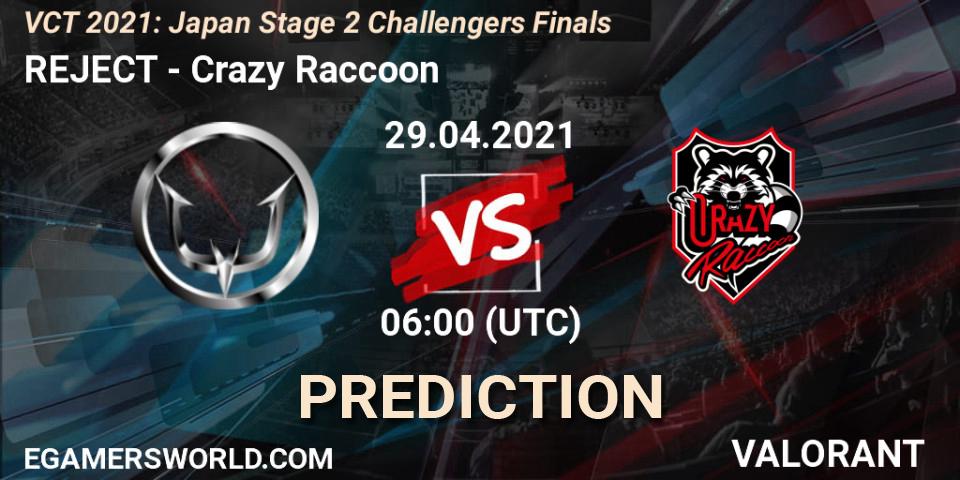 Pronósticos REJECT - Crazy Raccoon. 29.04.2021 at 06:20. VCT 2021: Japan Stage 2 Challengers Finals - VALORANT