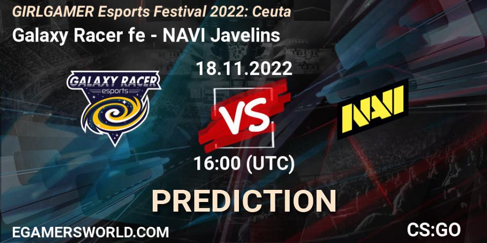 Pronósticos Galaxy Racer fe - NAVI Javelins. 18.11.2022 at 16:00. GIRLGAMER Esports Festival 2022: Ceuta - Counter-Strike (CS2)