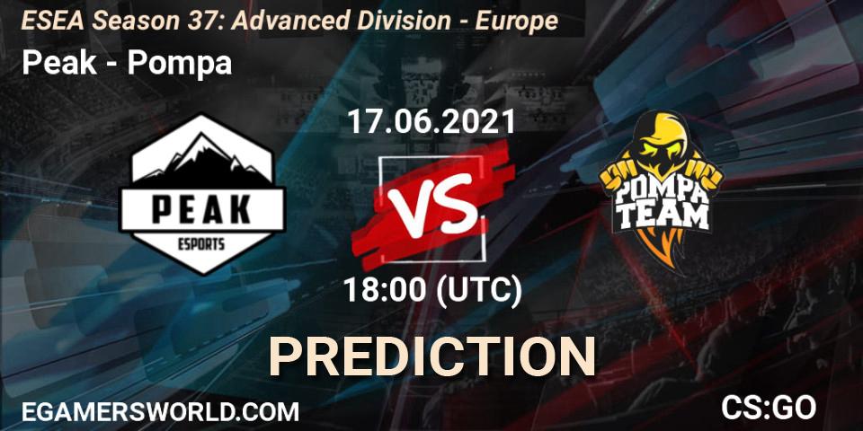 Pronósticos Peak - Pompa. 17.06.2021 at 18:00. ESEA Season 37: Advanced Division - Europe - Counter-Strike (CS2)