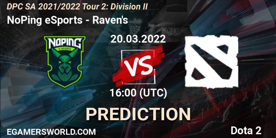 Pronósticos NoPing eSports - Raven's. 20.03.2022 at 16:01. DPC 2021/2022 Tour 2: SA Division II (Lower) - Dota 2