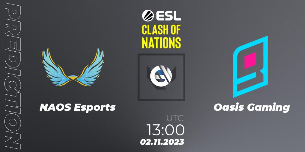 Pronósticos NAOS Esports - Oasis Gaming. 02.11.2023 at 13:00. ESL Clash of Nations 2023 - SEA Closed Qualifier - VALORANT