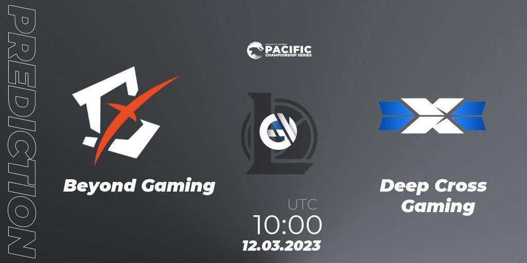 Pronósticos Beyond Gaming - Deep Cross Gaming. 12.03.2023 at 10:00. PCS Spring 2023 - Group Stage - LoL
