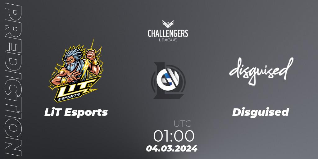 Pronósticos LiT Esports - Disguised. 04.03.2024 at 01:00. NACL 2024 Spring - Group Stage - LoL