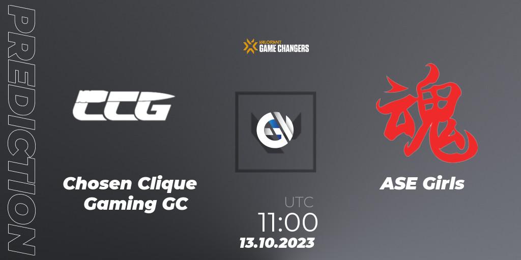 Pronósticos Chosen Clique Gaming GC - ASE Girls. 13.10.2023 at 11:00. VALORANT Champions Tour 2023: Game Changers China Qualifier - VALORANT