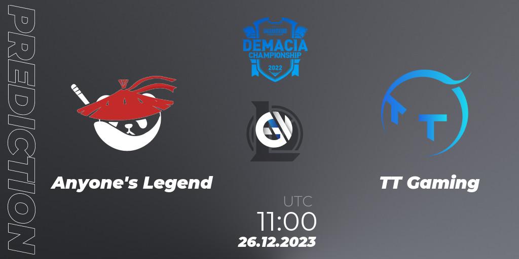 Pronósticos Anyone's Legend - TT Gaming. 26.12.23. Demacia Cup 2023 Group Stage - LoL