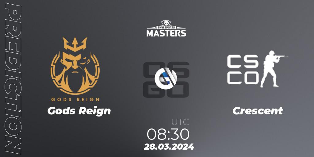 Pronósticos Gods Reign - Crescent. 28.03.2024 at 08:30. Skyesports Masters 2024: Indian Qualifier - Counter-Strike (CS2)
