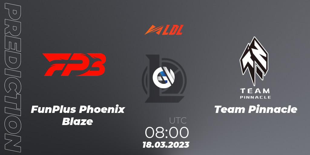 Pronósticos FunPlus Phoenix Blaze - Team Pinnacle. 18.03.2023 at 09:30. LDL 2023 - Regular Season - LoL