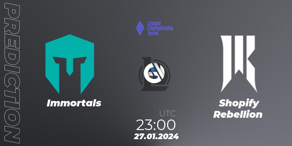 Pronósticos Immortals - Shopify Rebellion. 27.01.2024 at 23:00. LCS Spring 2024 - Group Stage - LoL