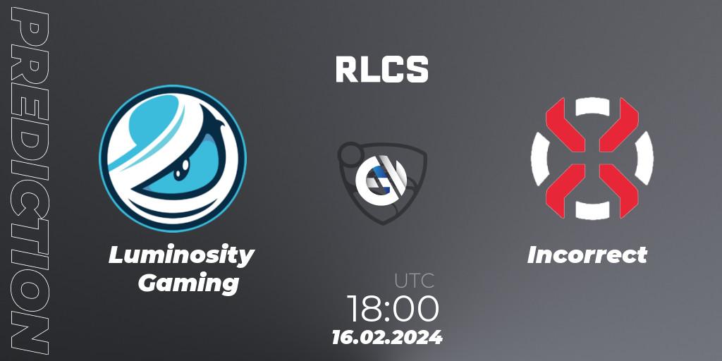 Pronósticos Luminosity Gaming - Incorrect. 16.02.2024 at 18:00. RLCS 2024 - Major 1: North America Open Qualifier 2 - Rocket League