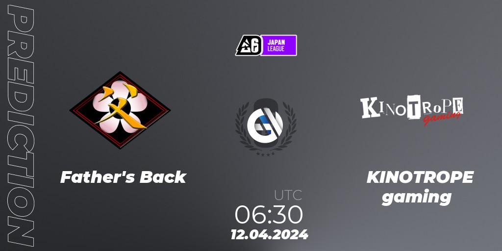 Pronósticos Father's Back - KINOTROPE gaming. 12.04.2024 at 06:30. Japan League 2024 - Stage 1 - Rainbow Six