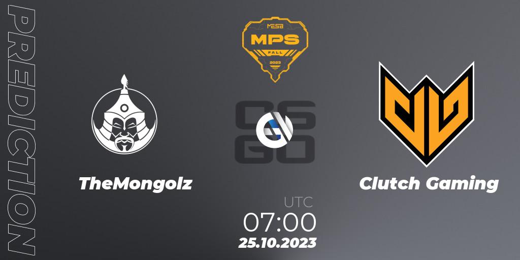 Pronósticos TheMongolz - Clutch Gaming. 25.10.2023 at 08:00. MESA Pro Series: Fall 2023 - Counter-Strike (CS2)