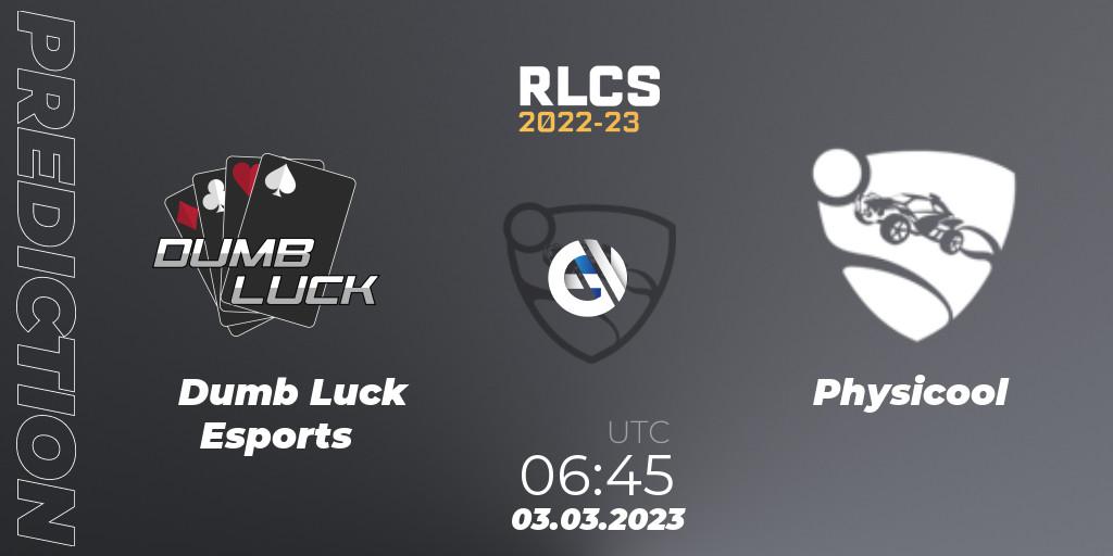 Pronósticos Dumb Luck Esports - Physicool. 03.03.2023 at 06:45. RLCS 2022-23 - Winter: Oceania Regional 3 - Winter Invitational - Rocket League