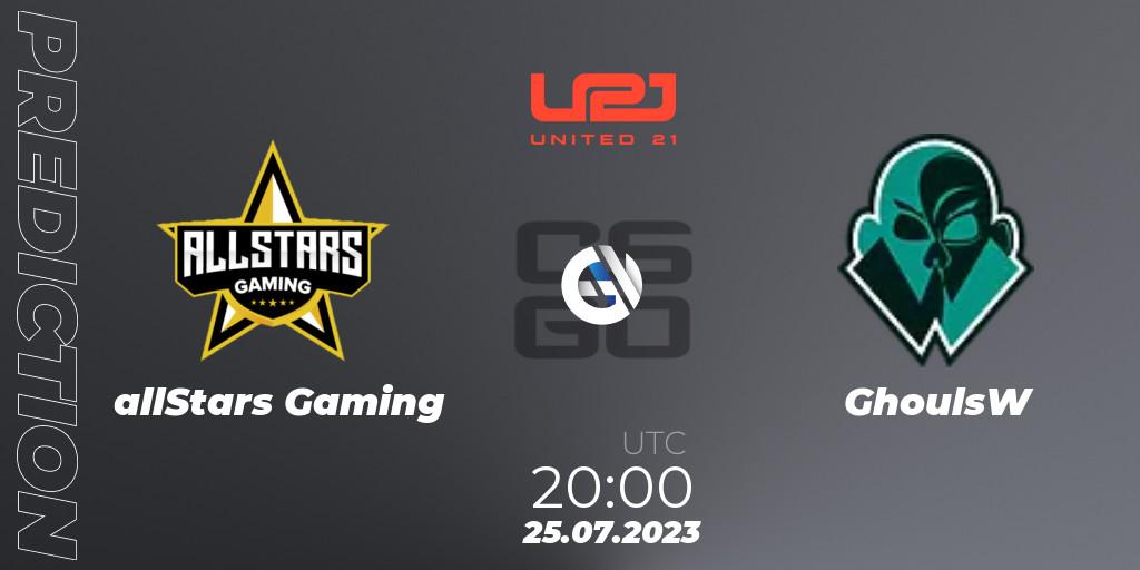 Pronósticos allStars Gaming - GhoulsW. 25.07.2023 at 20:00. United21 Season 4 - Counter-Strike (CS2)