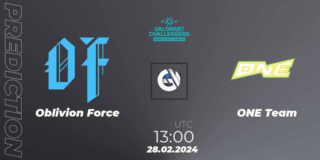 Pronósticos Oblivion Force - ONE Team. 28.02.2024 at 13:30. VALORANT Challengers Hong Kong and Taiwan 2024: Split 1 - VALORANT