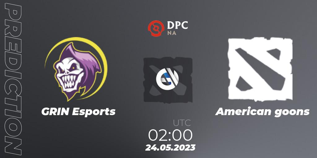 Pronósticos GRIN Esports - American goons. 23.05.2023 at 23:59. DPC 2023 Tour 3: NA Closed Qualifier - Dota 2