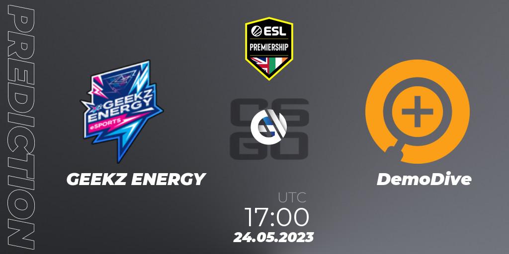 Pronósticos GEEKZ ENERGY - DemoDive. 24.05.2023 at 17:00. ESL Premiership Spring 2023 - Counter-Strike (CS2)