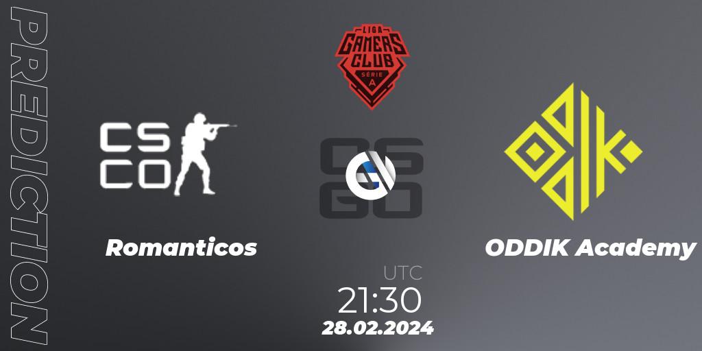Pronósticos Romanticos - ODDIK Academy. 28.02.2024 at 21:30. Gamers Club Liga Série A: February 2024 - Counter-Strike (CS2)