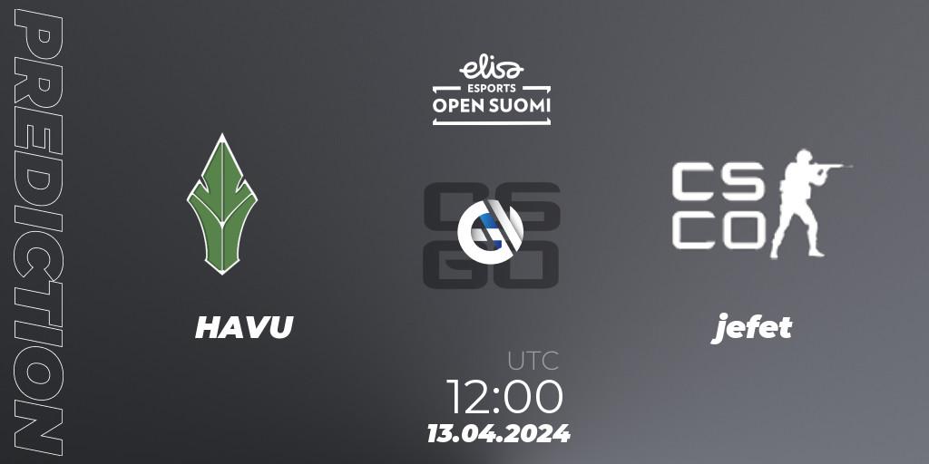 Pronósticos HAVU - jefet. 13.04.2024 at 12:00. Elisa Open Suomi Season 6 - Counter-Strike (CS2)