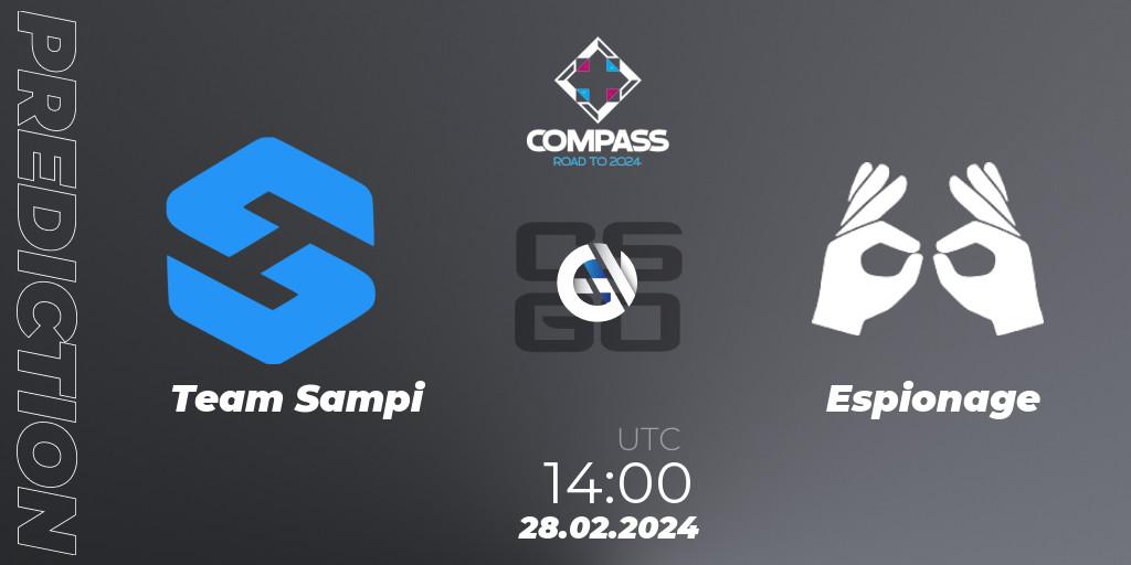 Pronósticos Team Sampi - Espionage. 28.02.2024 at 14:00. YaLLa Compass Spring 2024 Contenders - Counter-Strike (CS2)