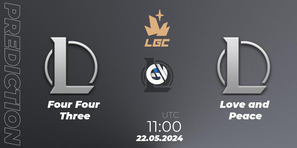 Pronósticos Four Four Three - Love and Peace. 22.05.2024 at 11:00. Legend Cup 2024 - LoL
