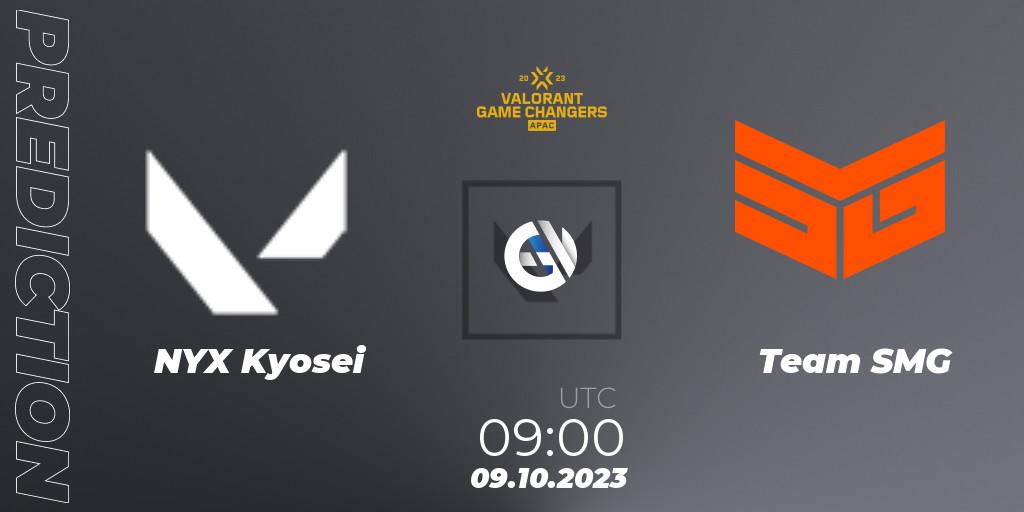 Pronósticos NYX Kyosei - Team SMG. 09.10.2023 at 09:00. VCT 2023: Game Changers APAC Elite - VALORANT