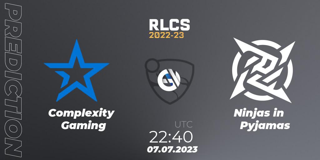 Pronósticos Complexity Gaming - Ninjas in Pyjamas. 07.07.2023 at 23:00. RLCS 2022-23 Spring Major - Rocket League