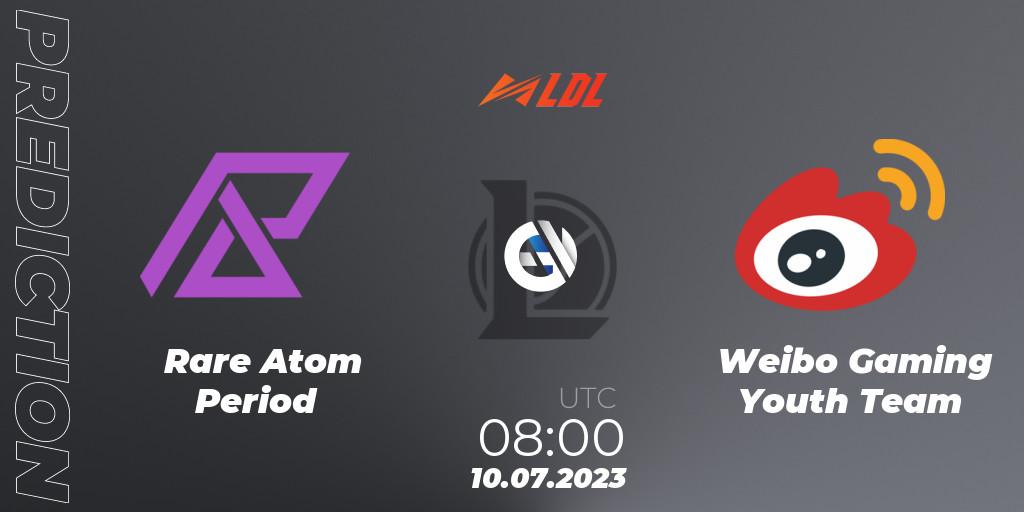 Pronósticos Rare Atom Period - Weibo Gaming Youth Team. 10.07.2023 at 08:45. LDL 2023 - Regular Season - Stage 3 - LoL